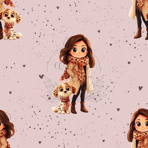 Könnte beinhalten: Ein sich wiederholendes Muster mit einem Cartoon-Mädchen und einem Welpen, die beide Leopardenmuster-Schals tragen. Das Mädchen trägt einen beigen Mantel und eine schwarze Hose. Der Hintergrund ist hellrosa mit kleinen Herzen und Sprenkeln.