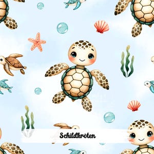Könnte beinhalten: Ein hellblaues Aquarellmuster mit Cartoon-Schildkröten, Muscheln, Seesternen, Blasen und Seegras. Die Schildkröten haben braune und beige Panzer mit großen Augen und lächelnden Gesichtern. Das Wort "Schildkröten" steht auf einem weißen Banner.