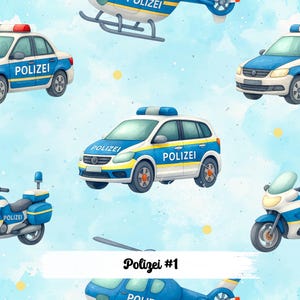 Op de afbeelding: Waterverfpatroon met blauwe en witte politievoertuigen, waaronder auto's, een helikopter en een motorfiets, tegen een lichtblauwe lucht. Het woord "Polizei" is zichtbaar op de voertuigen. De tekst "Polizei #1" is ook aanwezig.