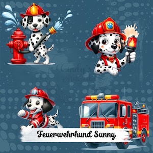 Könnte beinhalten: Ein rotes Feuerwehrauto mit einem Dalmatiner, der einen roten Feuerwehrhelm trägt und einen Feuerwehrschlauch hält. Das Auto hat den Schriftzug "Feuerwehrhund Sunny" an der Seite. Der Hintergrund ist blau mit weißen Punkten.