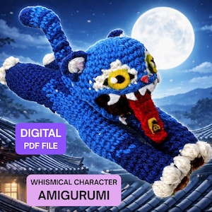 May include: A blue crocheted amigurumi character with white accents, a red tongue, and yellow eyes. The whimsical creature is set against a night sky with a full moon. Text on the image reads "DIGITAL PDF FILE" and "WHIMSICAL CHARACTER AMIGURUMI."