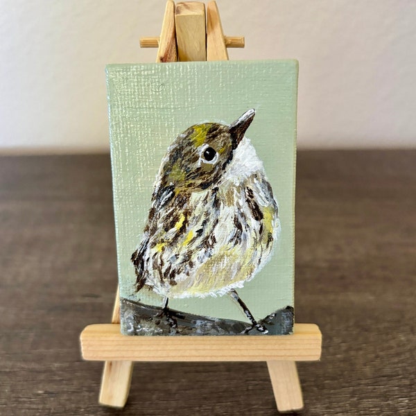 Small Bird Painting Original Acrylic Painting on  3" x 2" Canvas with Easel Mini Bird Painting