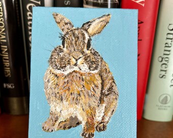Small Bunny Painting Original Woodland Creature Miniature Acrylic Art on 4"x3" Canvas With Easel Cute Bunny Gift