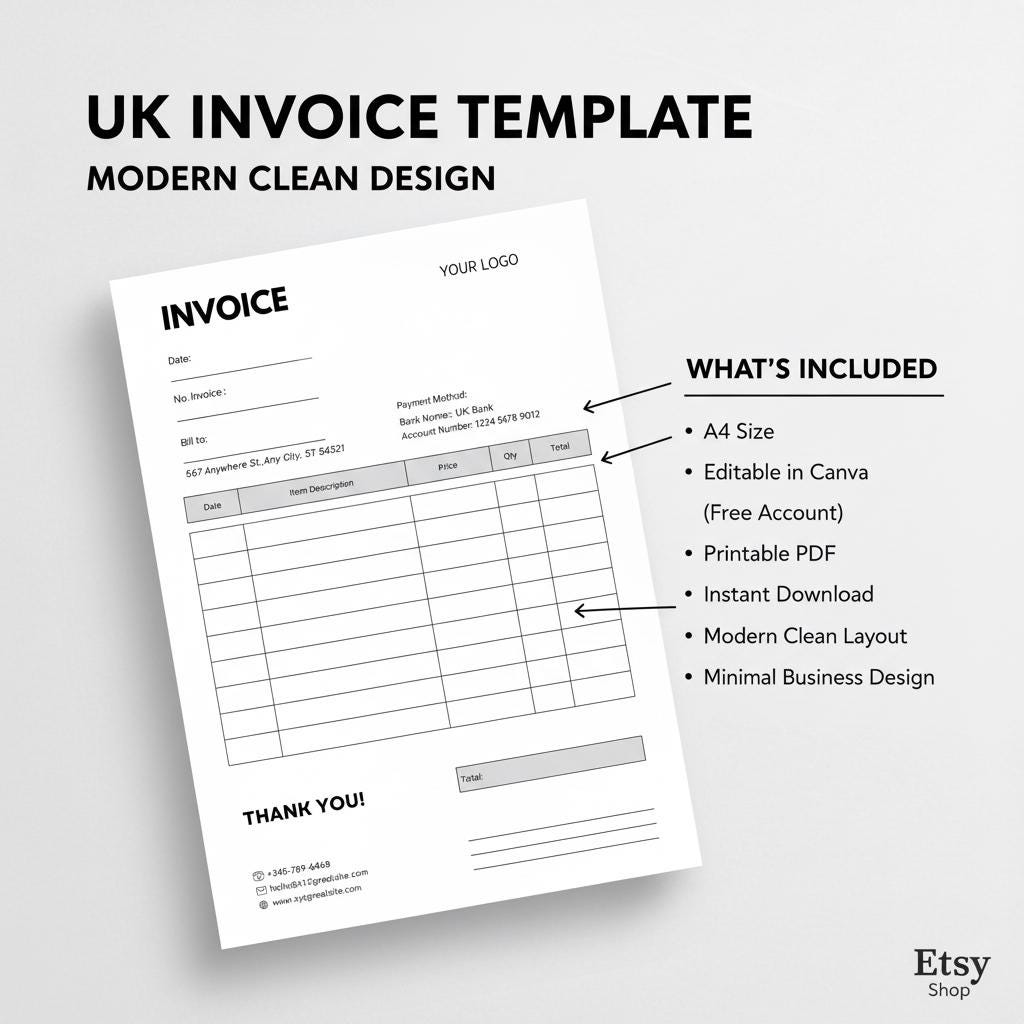 UK Invoice Template, Editable Invoice Template, Small Business Invoice
