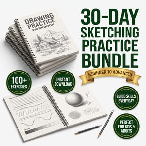 May include: A 30-day sketching practice bundle featuring a spiral-bound drawing practice workbook with a cabin illustration, an open workbook showing pencil control exercises and shading techniques, two graphite pencils, and dark green circular badges.