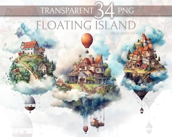 Enchanting Floating Island Watercolor - Digital Download, Transparent PNG - 34 png - Instant Download - Fantasy Print - Mystical Watercolor