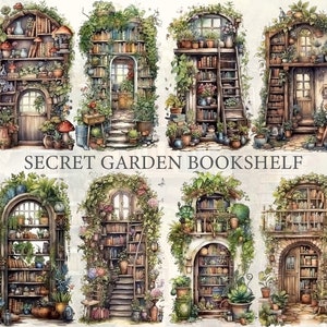 Puede incluir: Un conjunto de seis diseños de estanterías caprichosas con un tema de jardín secreto. Cada estantería está adornada con exuberante vegetación, flores y detalles intrincados, creando una atmósfera mágica y encantadora. Las estanterías están hechas de madera y pintadas en una variedad de colores, incluyendo marrón, verde y blanco. El texto "Secret Garden Bookshelf" se muestra en la parte superior de la imagen.