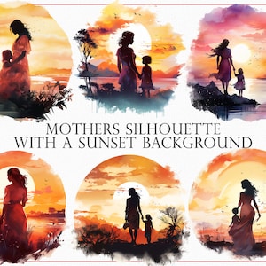 Silhouette de mère avec des cliparts de fond de coucher de soleil, 31 mère et enfant PNG, illustration de chambre d'enfant, illustration parentale, art de l'amour maternel