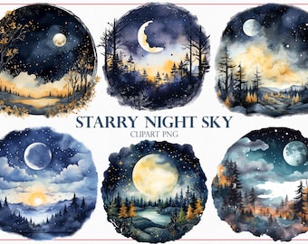 Starry Night Sky Watercolor Clipart, 24 Moon and Stars Landscape PNGs, Celestial Forest Scenes, Night Sky Art for DIY Crafts & Scrapbooking