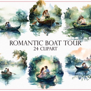 Imágenes prediseñadas románticas de paseo en barco - 24 escenas de amor del día de San Valentín, descarga digital instantánea, gráficos de escenas de amor, imágenes PNG de pareja enamorada