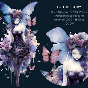 May include: A digital illustration of a gothic fairy with blue wings and a black dress. She is surrounded by flowers and butterflies. The background is a watercolor wash of blue and purple.