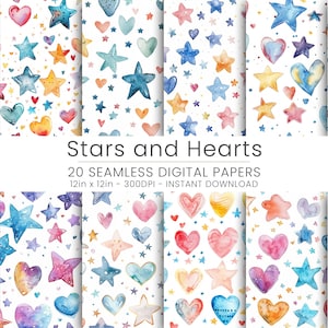 20 sterren en harten digitaal papier, herhaalbaar, JPG, scrapbooking kunst, pastelkleurige achtergrond