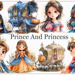 32 Książę i Księżniczka Clipart, Kolorowa Kokarda, Dekoracja Pokoju Dziecięcego, PNG, Scrapbooking, Książę PNG, Księżniczka PNG, Wózek Z Dyni