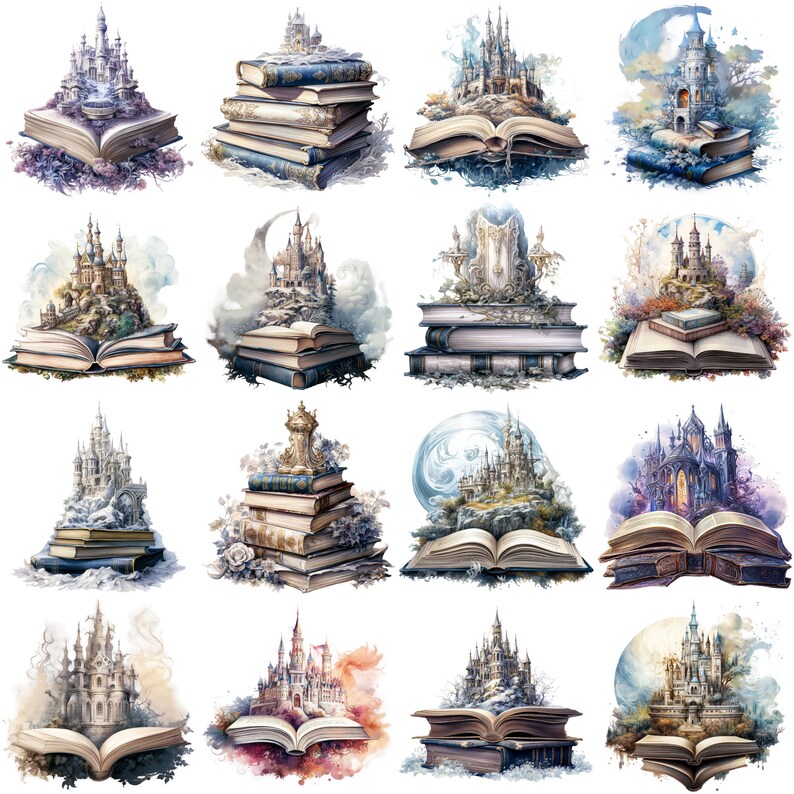 May include: A collection of 12 watercolor illustrations featuring castles built on top of open books. Each castle is unique and has a different style and color scheme. The illustrations are perfect for adding a touch of whimsy and magic to any project.
