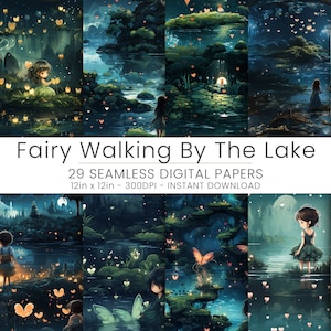 29 Fairy walking by the lake digital paper, Repeating Pattern, Home Decoration, Scrapbooking, Instant Download, JPG, Fairy patterns