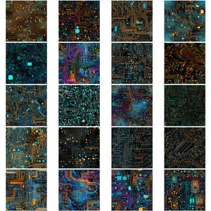 May include: Abstract digital art print featuring a circuit board design with a mix of blue, green, orange, and yellow colors.