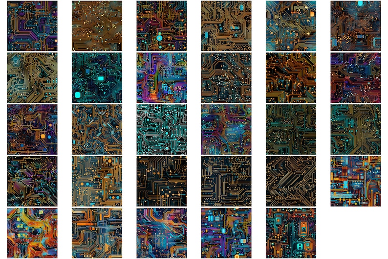 May include: Abstract digital art print featuring a circuit board design with a mix of blue, green, orange, and yellow colors.