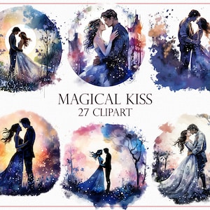 魔法のキスのクリップアート、27 の魅惑的なラブストーリーのイラスト、ロマンチックなバレンタインデーのグラフィック、デジタルおとぎ話の愛の装飾、魔法のキス
