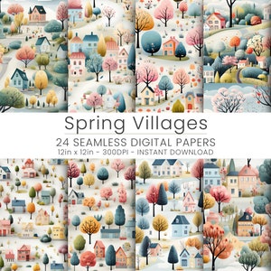 24 Spring Villages Digital Paper, Home Decor, Repeatable, JPG, Instant Download, Scrapbooking, Digital Download, House Pattern, Seamless