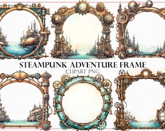 Steampunk Adventure Frame | 28 Watercolor PNG Designs for Scrapbooking, Crafts, Journals, DIY Projects, and Digital Art, Invitations