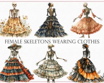 40 Female Skeletons in Stylish Clothes PNG - Halloween Clipart Collection, Transparent Backgrounds for Digital Art, Scrapbooking, Cards