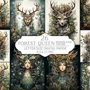 May include: A collection of 26 digital papers with a woodland theme. The illustrations feature deer and women adorned with floral and foliage elements. The papers are letter size, 8.5 x 11 inches.