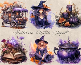 Purple Witch Clipart Bundle, Halloween Graphics (123 PNG)