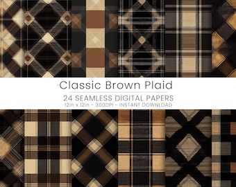 May include: A set of 24 digital papers featuring various brown and beige plaid patterns. The papers are 12 inches by 12 inches and 300 DPI. The text "Classic Brown Plaid" and "24 Seamless Digital Papers" is displayed on the image.