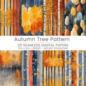 20 Autumn Tree Seamless Pattern Digital Paper | Fall Forest Backgrounds | Rustic Woodland Art for Scrapbooking, Crafting, DIY Projects