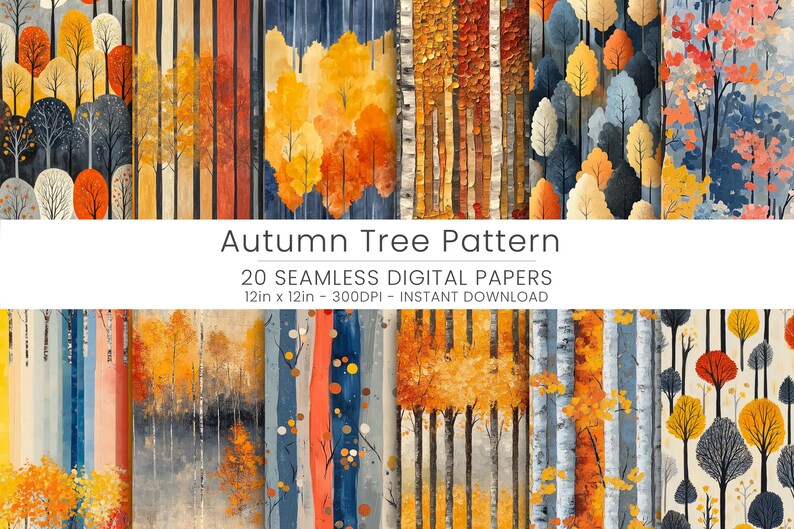 20 Autumn Tree Seamless Pattern Digital Paper | Fall Forest Backgrounds ...