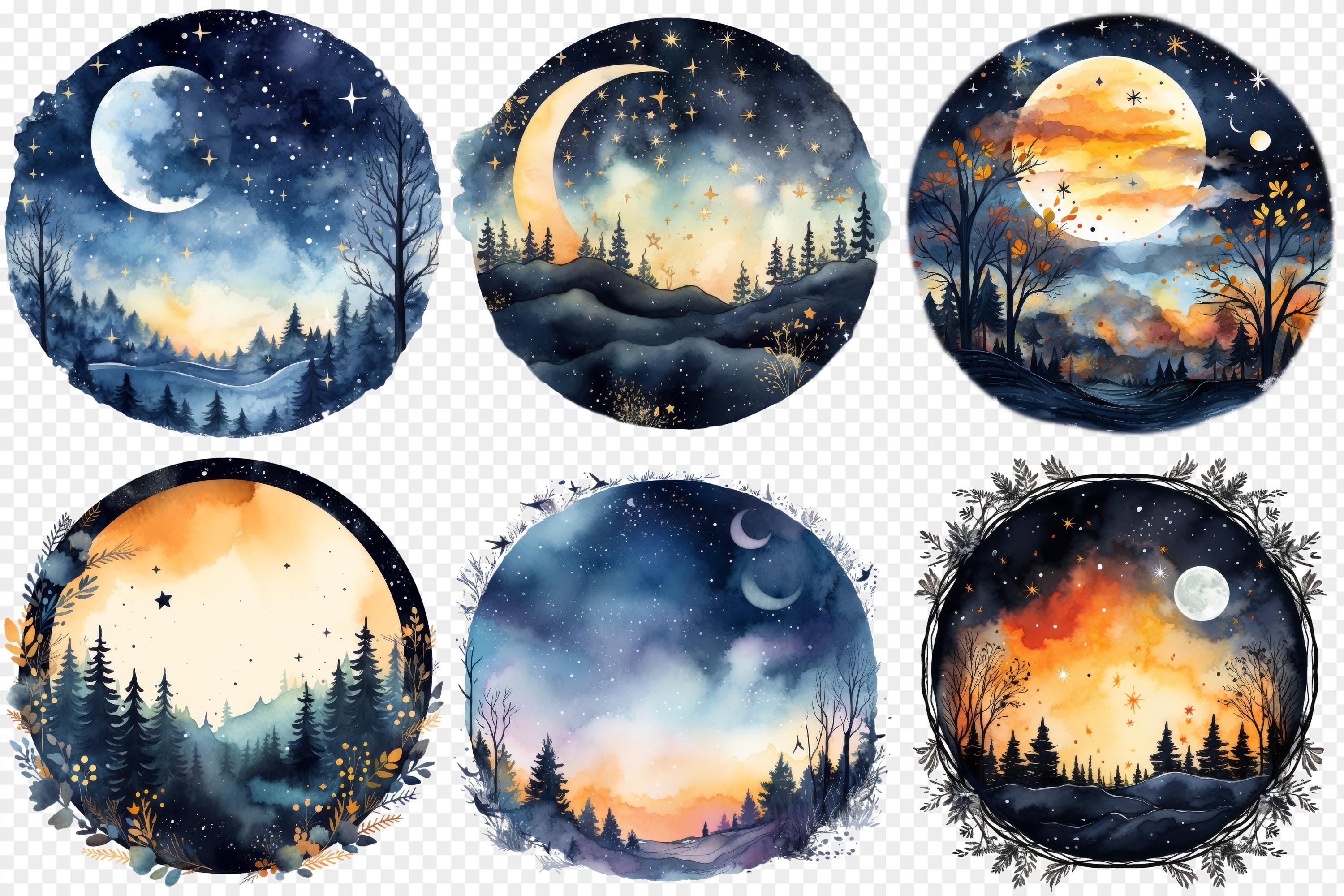 Starry Night Sky Watercolor Clipart, 24 Moon and Stars Landscape Pngs ...