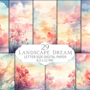 29 Papeles digitales de paisaje de acuarela pacífica - Yoga, Arte de meditación - Diseños florales en colores pastel, Papel digital tamaño carta, Floral de color suave