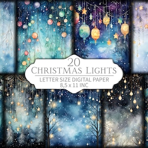 20 Christmas Lights Letter Size Digital Paper - Festive Holiday Backgrounds - Instant Download, Printable Craft, Scrapbook, Inivations, JPG