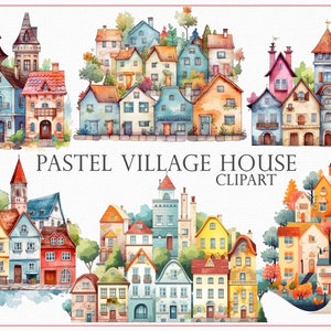 Clipart maison de village pastel, 32 illustrations de cottage mignon, bâtiments de ville fantaisistes, graphique de maisons de ville douce, quartier coloré png