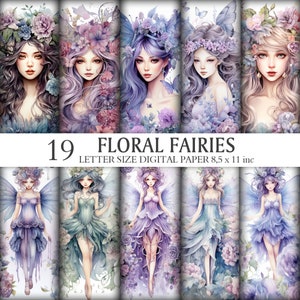 19 Floral Fairies Letter Size Digital Paper - Enchanting and Whimsical Designs, Creative Scrapbooking & Crafts, Instant Download, Floral Art