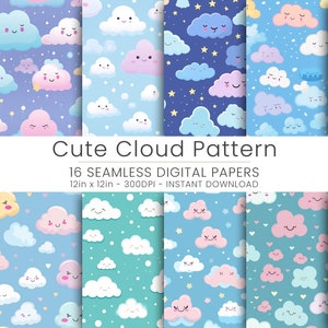 Peut inclure: Un ensemble de 16 motifs de papier numérique représentant de jolis nuages de dessin animé avec différentes expressions et couleurs. Les motifs sont sans couture et parfaits pour les projets d'artisanat, le scrapbooking et la conception numérique.