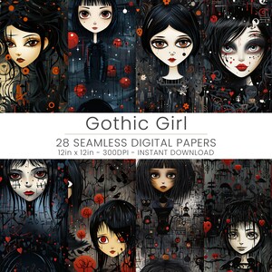 Könnte beinhalten: Ein digitales Papierpaket mit 28 nahtlosen Mustern mit Illustrationen von Gothic-Mädchen. Die Muster sind in Schwarz, Weiß, Rot und Grau gehalten und haben einen dunklen und fantasievollen Stil. Der Text "Gothic Girl" und "28 Seamless Digital Papers" ist im Bild enthalten.