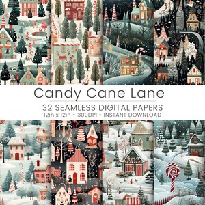 32 digitalpapper med Candy Cane Lane-motiv - Söta dina skapelser med glada mönster. Upprepade mönster, heminredning, scrapbooking, JPG, vintertid