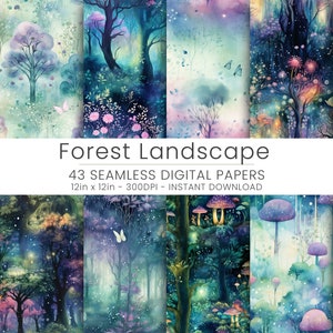May include: A collection of 43 digital papers featuring a whimsical forest landscape with glowing lights, mushrooms, butterflies, and trees. The papers are 12 inches by 12 inches and 300 DPI.