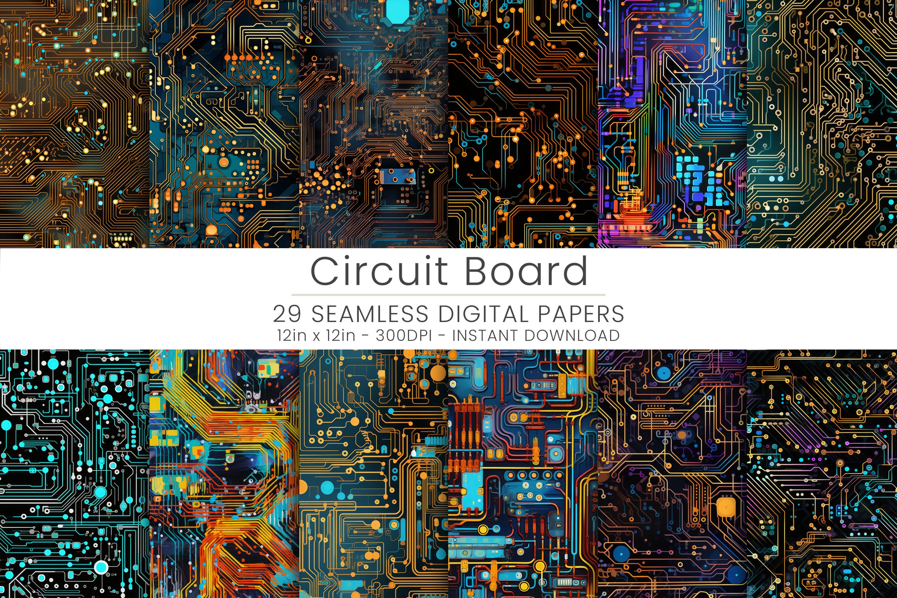 29 Circuit Board  Digital Paper, JPG, Instant Download, Scrapbooking, Repeatable, Seamless Pattern, Computer Circuit Board Model, Background