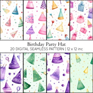 May include: 20 digital seamless patterns featuring watercolor illustrations of birthday party hats, gift boxes, stars, and confetti. The patterns are 12 inches by 12 inches.