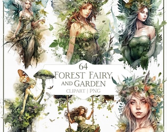 Watercolor Forest Fairy Clipart Bundle | 64 PNG Garden Elements (Digital Download)