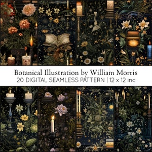 May include: A digital seamless pattern featuring a dark background with a repeating design of candles, books, and flowers. The pattern is inspired by the botanical illustrations of William Morris. The text "Botanical Illustration by William Morris 20 DIGITAL SEAMLESS PATTERN | 12 x 12 inc" is included in the image.