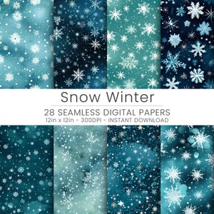 May include: 28 digital papers featuring a variety of blue and teal snowflake patterns. The papers are 12 inches by 12 inches and 300 DPI.