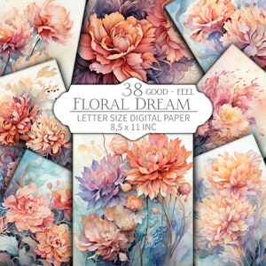 Aquarell Blumentraum 38 digitale Papiere im Letter-Format - Good Vibes - Instant Download, Scrapbook, Junk Journal, Buch Cover, Relax Theme JPG