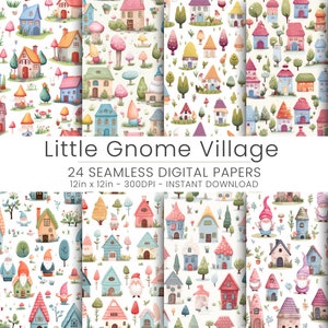 Könnte beinhalten: Ein Set mit 24 digitalen Papieren, die ein fantasievolles Gnomendorf mit bunten Häusern, Bäumen, Pilzen und Gnomen zeigen. Die Papiere sind 30,5 cm x 30,5 cm groß und haben eine Auflösung von 300 DPI.