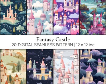 May include: A set of 20 digital seamless patterns featuring whimsical fantasy castles in various colours and styles. The patterns are perfect for creating unique designs for fabric, wallpaper, wrapping paper, and more.