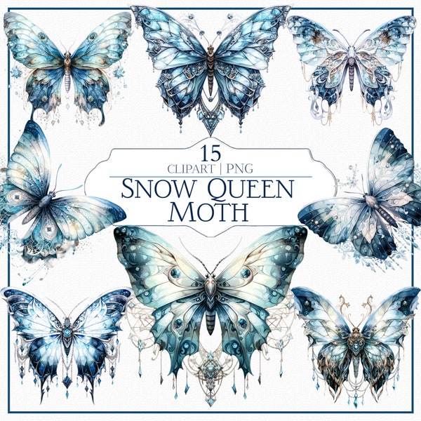 Snow Queen Moth Clipart Set - 15 Winter Fairy Tale Graphics, Ice Queen Moth Illustrations, Moth Clipart, Digital Art Supplies, Scrapbooking