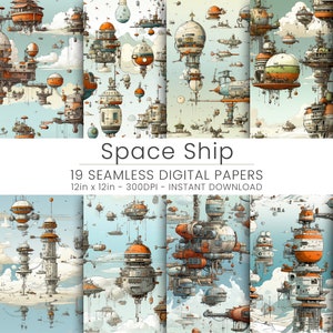Puede incluir: Un paquete de papel digital con 19 patrones sin costuras de naves espaciales y ciudades voladoras en estilo retro. Los patrones son en tonos de azul, blanco, naranja y marrón. El texto "Space Ship" y "19 Seamless Digital Papers" se muestra en la imagen.