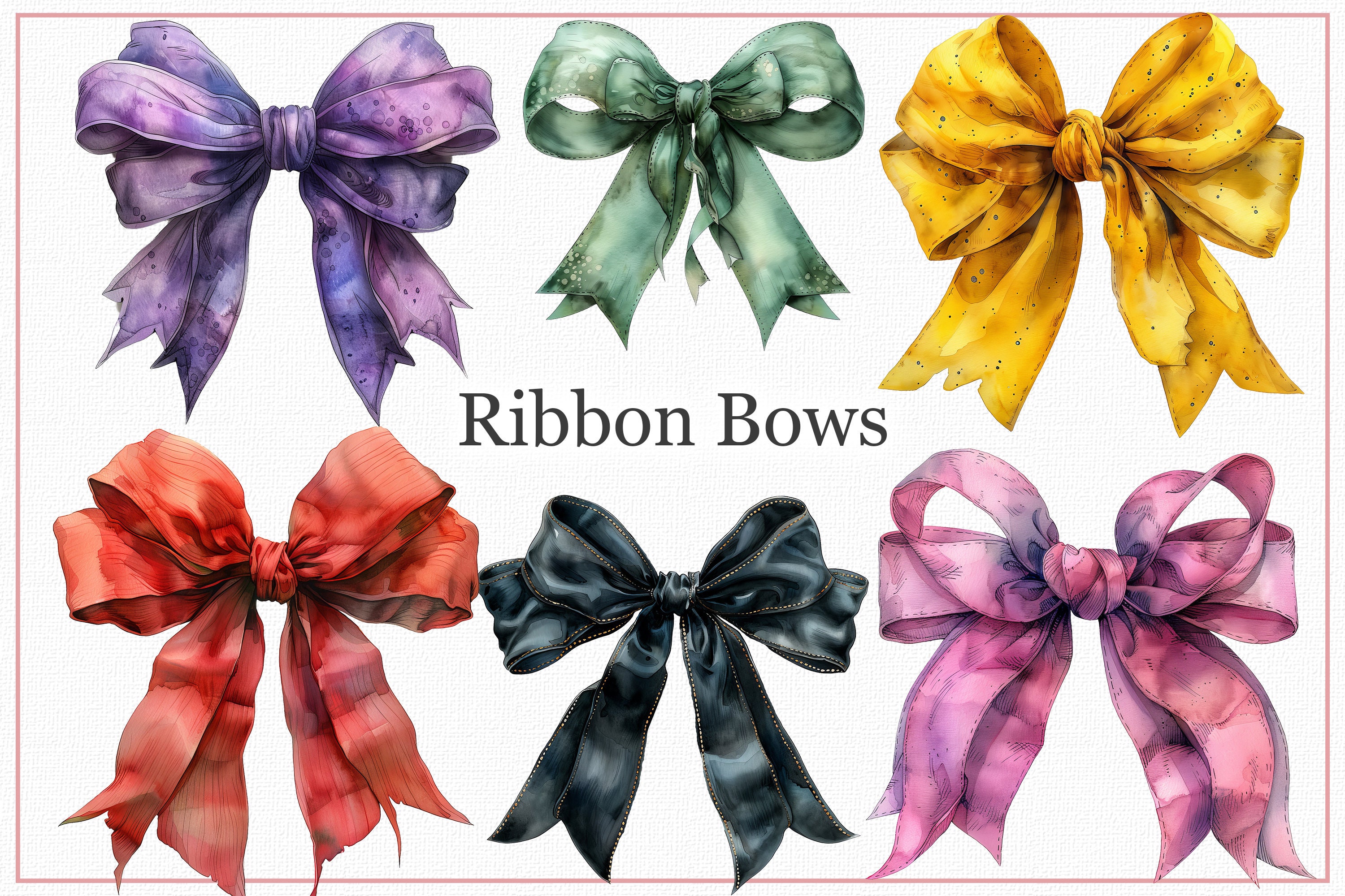 Ribbon Bow Watercolor Clipart - 32 Colorful Bows for Kids Room Decor, Scrapbooking, Cards, DIY Crafts, High-Resolution PNG, Greeting Card